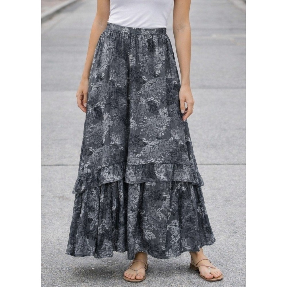 Splendid‎ Collection Women's M Charcoal Floral Print Maxi Skirt Elastic Waist